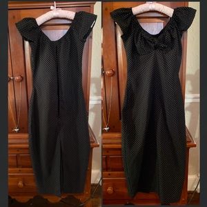 Black Stop Staring wiggle dress w purple polkadots